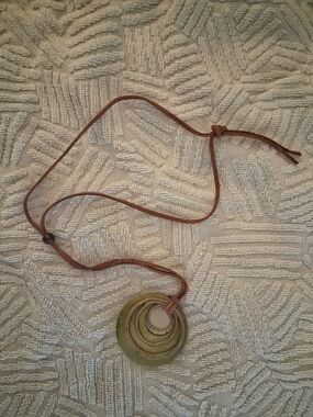 Leather Cord Necklace with Green Wooden Circle Pendant
